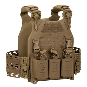 Tactical coyote brown modular plate carrier vest with laser-cut MOLLE and quick release