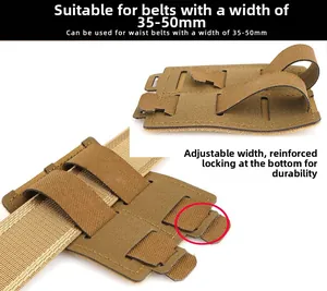 Detail of khaki tactical belt hook with adjustable width for 35-50mm Molle systems