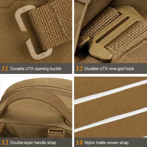 Close-up of Duraflex buckles and reinforced nylon handle on khaki tactical backpack