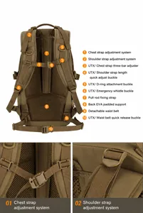 Tactical backpack back detail with breathable mesh panel and adjustable support system