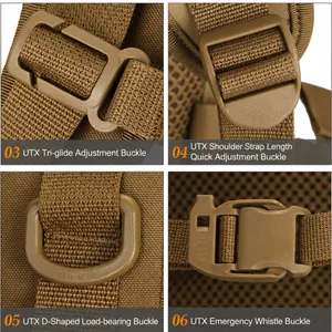 Tactical backpack details including D-ring, chest slide, and survival whistle buckle