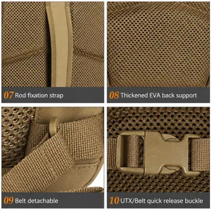 Tactical backpack details with trolley sleeve, padded EVA back, and UTX quick release buckles