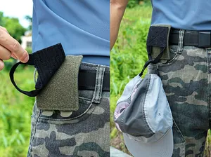 Tactical Molle velcro hook base for backpacks showing detailed hat hanging functionality
