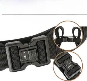 Detail view of nylon tactical belt buckle with two-way adjustment and locking mechanism