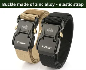 Detail view of quick-release zinc alloy buckle on black and khaki elastic tactical belts