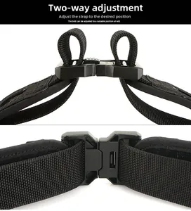 Detail of a tactical nylon belt featuring a dual-adjustment quick release buckle closure
