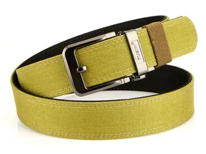Detailed close-up of olive green fabric belt showing metal buckle and double stitching