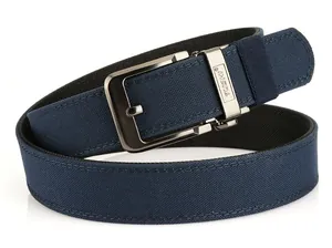Close-up of navy blue nylon woven belt with a silver metal buckle and reinforced stitching