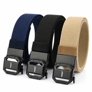Detailed view of elastic nylon tactical belts in navy blue, black, and khaki colors