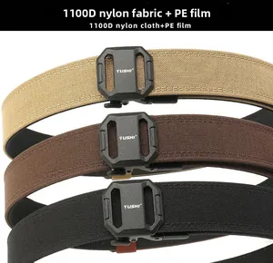 Detail of 1100D nylon tactical belts in khaki, brown, and black with TUSHI matte buckles