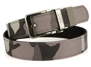Detailed view of camo nylon belt with brushed metal automatic buckle and TUSHI logo