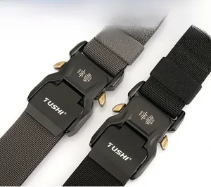 Detail showing high-quality quick release buckle and pearl-weave nylon tactical belt straps