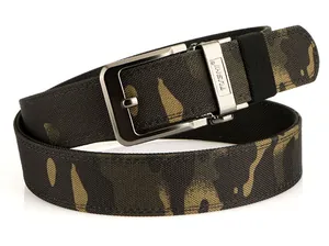 Close-up of a men's camouflage canvas belt with a durable silver metal buckle