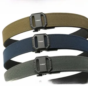 Close-up of tactical nylon belts in olive, navy, and charcoal with zinc alloy buckles