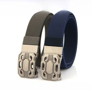 Detail of army green and navy blue 3.8cm tactical nylon belts with zinc alloy auto buckles