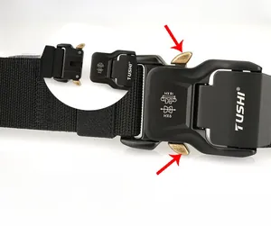 Detailed close-up of quick-release aluminum alloy tactical buckle and nylon belt texture