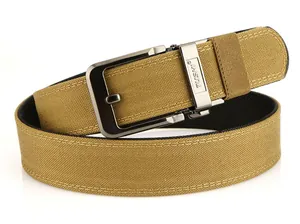 Close-up of khaki woven belt with a brushed metal automatic buckle and TUSHI logo