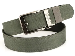 Macro detail of military green nylon belt fabric and matte silver buckle with TUSHI logo