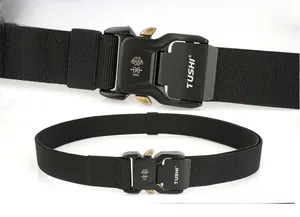 Detail of 3.8cm tactical nylon belt featuring a TUSHI metal quick release buckle system