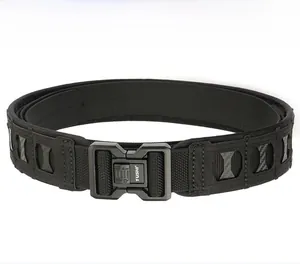 Detail of black nylon tactical belt with metal buckle and functional Molle system