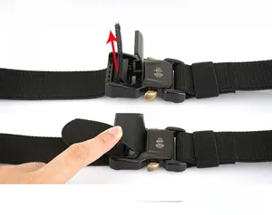 Detailed view of quick-release alloy buckle mechanism on tactical nylon stretch belt