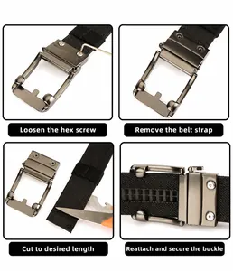 Detail showing the adjustable length feature by cutting the mens nylon automatic belt