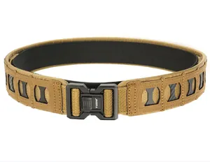 Detail of tan tactical belt featuring a black alloy heavy-duty buckle and woven nylon texture