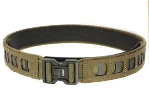 Detail of army green tactical nylon belt featuring laser cut MOLLE and quick release buckle