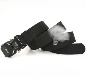 Detail of 3.8cm tactical nylon belt showing quick-release alloy buckle and breathable weave