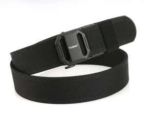 Detail of matte black zinc alloy quick-release tactical buckle on a nylon duty belt