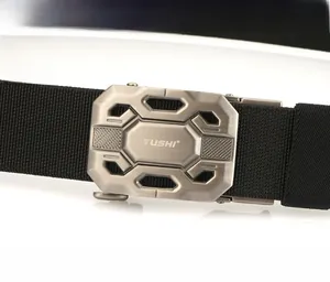 Close-up of zinc alloy buckle with TUSHI logo on a black nylon tactical belt