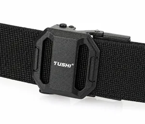 Detail of black tactical nylon belt featuring a zinc alloy quick release buckle with TUSHI logo