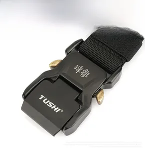 Detailed macro view of heavy-duty zinc alloy buckle on black nylon tactical belt