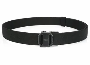 Detail view of black tactical nylon belt featuring a metal quick release automatic buckle