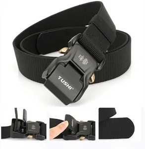 Detail view of quick-release tactical belt with durable nylon webbing and metal buckle