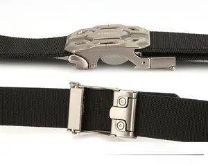 Detail of black tactical nylon belt with silver alloy automatic buckle and TUSHI logo