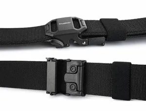 Detail of tactical nylon belt with metal quick-release buckle and adjustable strap length
