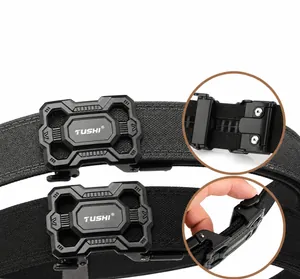 Detailed view of quick-release tactical belt with automatic buckle and woven nylon texture