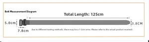 Tactical belt sizing guide with 125cm length and 3.8cm width measurements for outdoor gear