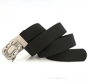 Detailed macro view of the thick elastic nylon webbing and tactical automatic metal buckle