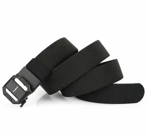 Close-up of thick nylon stretch belt webbing and matte automatic buckle with logo