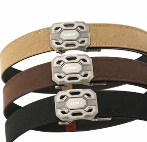 Detail of zinc alloy automatic buckles with thick double-layer nylon web belts in multiple colors