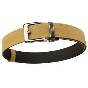 Men's double-layer tactical canvas belt with gray metal buckle and khaki nylon strap