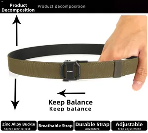 Detail view of the durable zinc alloy buckle on olive green tactical nylon belt