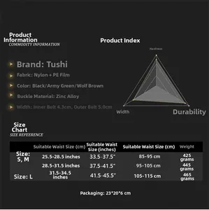 Tactical nylon belt size chart and technical specifications for dual-layer combat gear