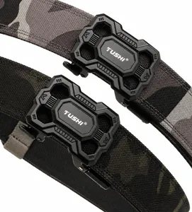 Detail of a tactical nylon belt featuring a dual-layer camouflage pattern and alloy buckle