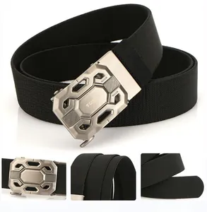 Detail showing tactical nylon belt's automatic alloy buckle and durable woven texture