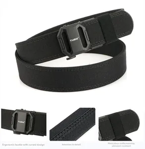 Detail of reinforced nylon tactical belt featuring a heavy-duty TUSHI ergonomic buckle