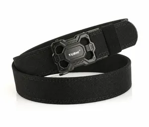 Detail of tactical belt with zinc alloy quick-release buckle and heavy-duty nylon webbing