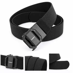 Macro detail of elastic nylon tactical belt with a quick-release push-button buckle